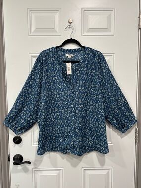 Jachs Teal Blue Floral Button-Front Blouse